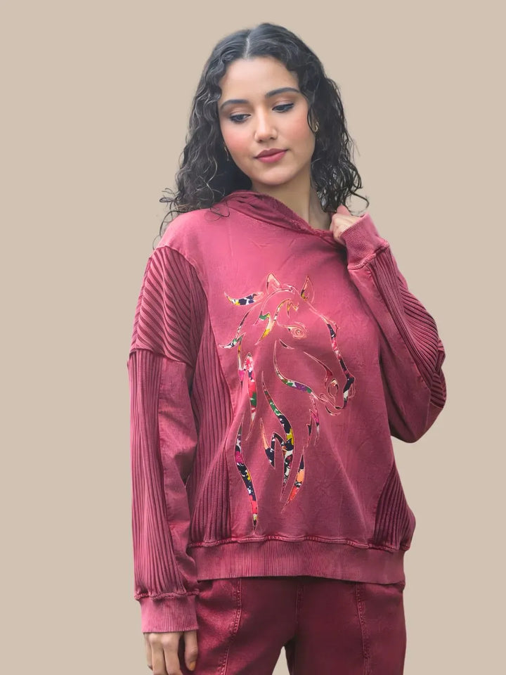 Avani Del Amour Sweatshirt Wine Red Rustic Horse Motif Hooded Sweatshirt