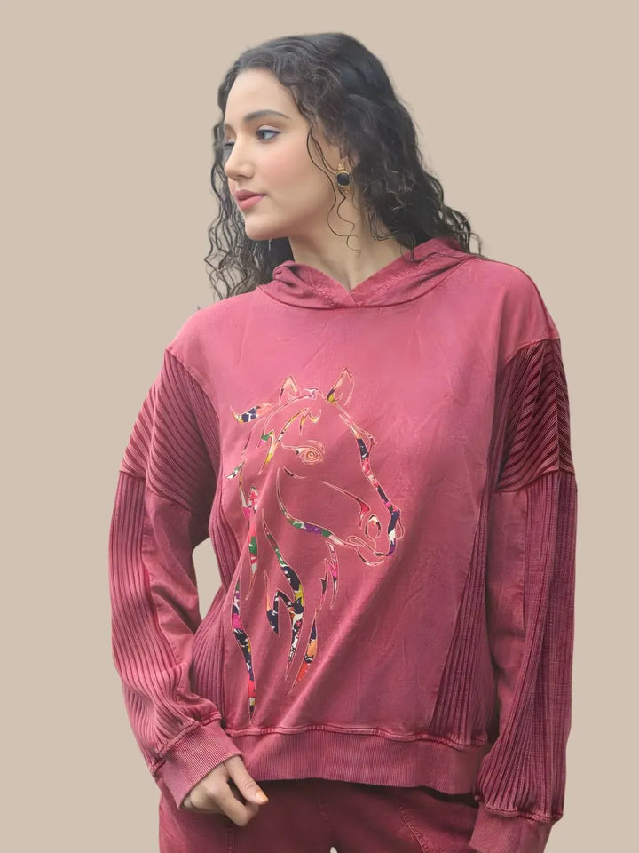 Avani Del Amour Sweatshirt Wine Red Rustic Horse Motif Hooded Sweatshirt