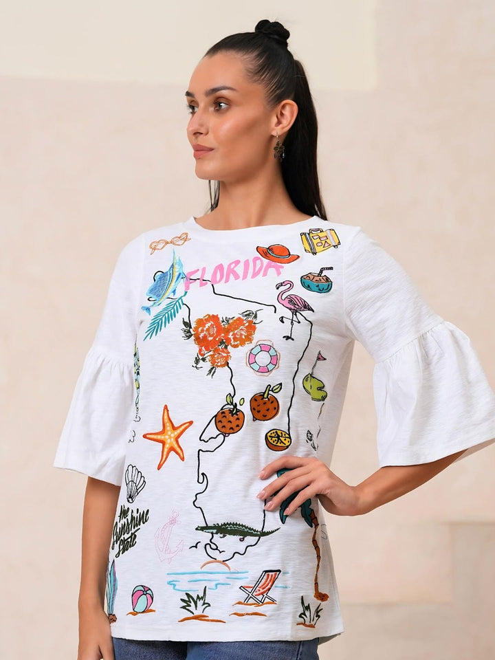 Avani Del Amour T-Shirt Florida Embroidered Flared Sleeve Tee