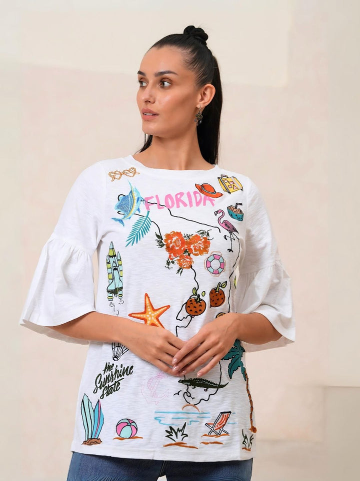 Avani Del Amour T-Shirt Florida Embroidered Flared Sleeve Tee