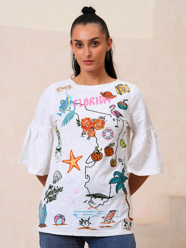 Avani Del Amour T-Shirt Florida Embroidered Flared Sleeve Tee