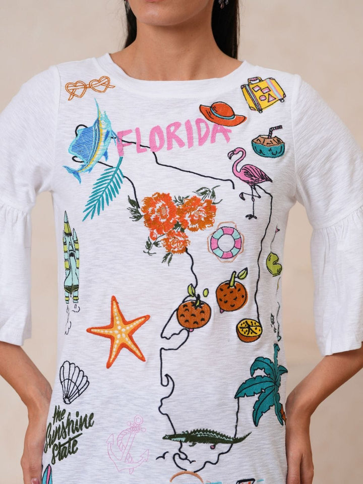 Avani Del Amour T-Shirt Florida Embroidered Flared Sleeve Tee