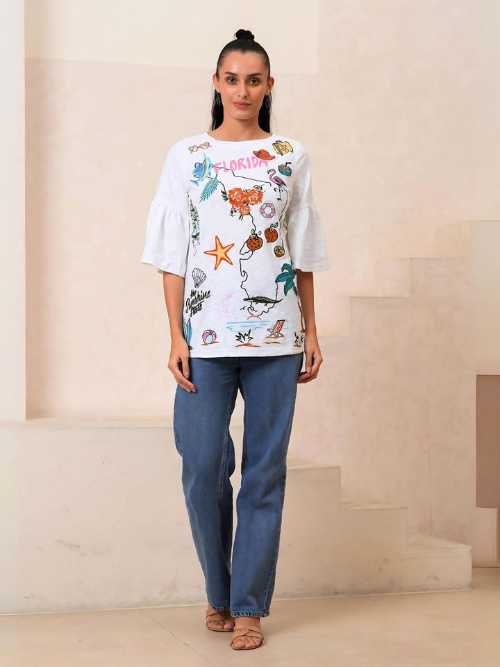 Avani Del Amour T-Shirt Florida Embroidered Flared Sleeve Tee
