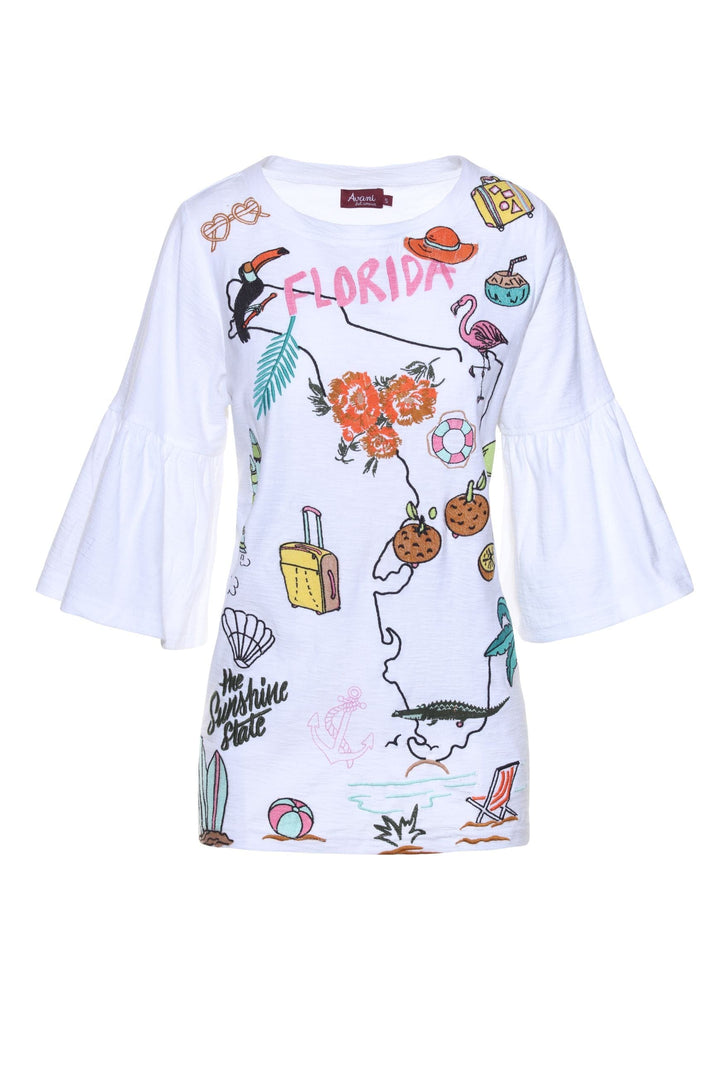 Avani Del Amour T-Shirt Florida Embroidered Flared Sleeve Tunic