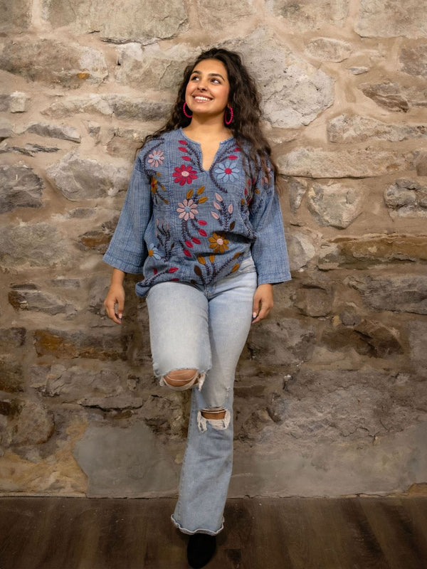 Avani Del Amour Top Blue Floral Embroidered Cotton Tunic