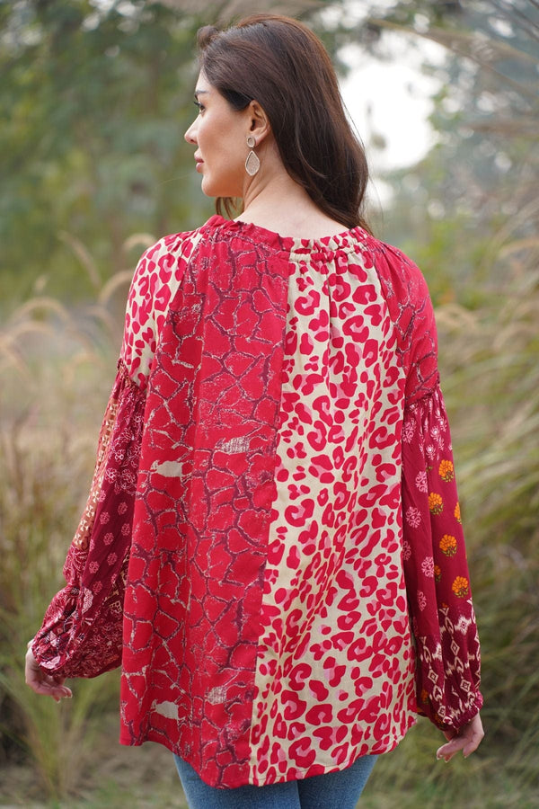 Avani Del Amour Top Boho Red Mixed Print Cotton Peasant Top