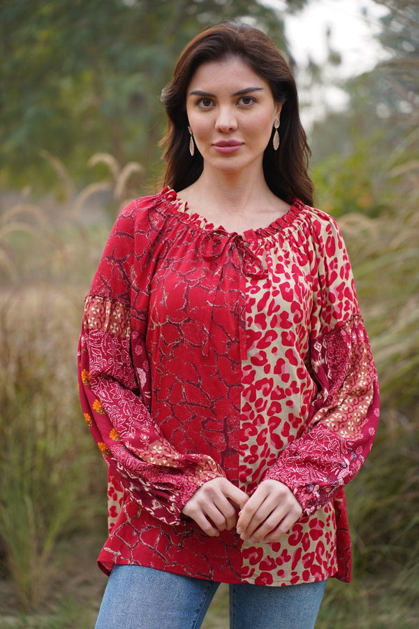 Avani Del Amour Top Boho Red Mixed Print Cotton Peasant Top