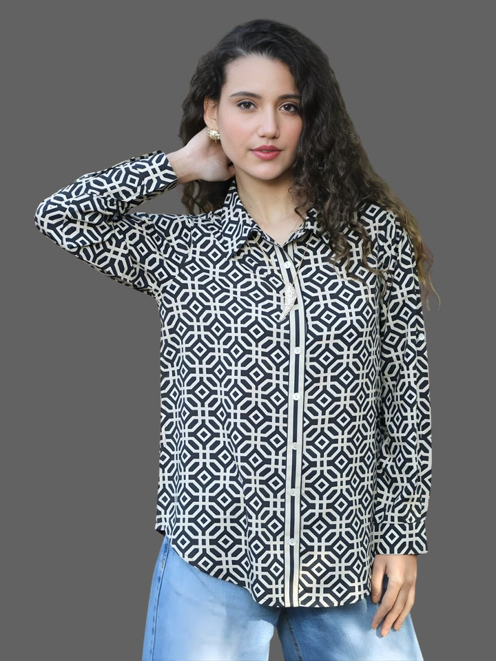 Avani Del Amour Top Monochrome Geometric Print Button-Down Shirt