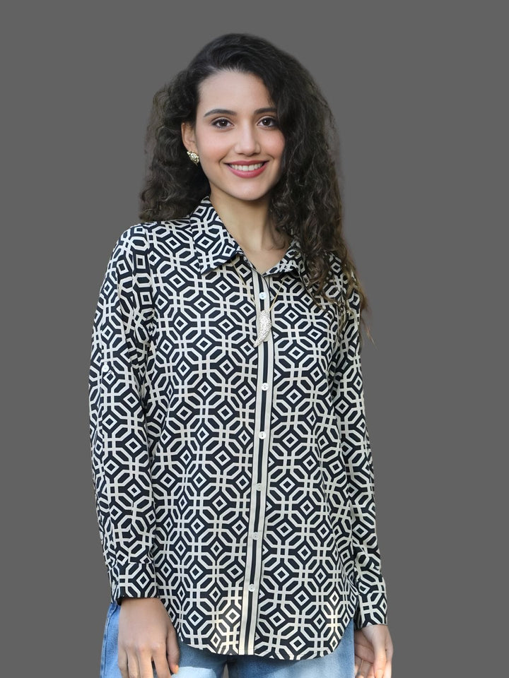 Avani Del Amour Top Monochrome Geometric Print Button-Down Shirt