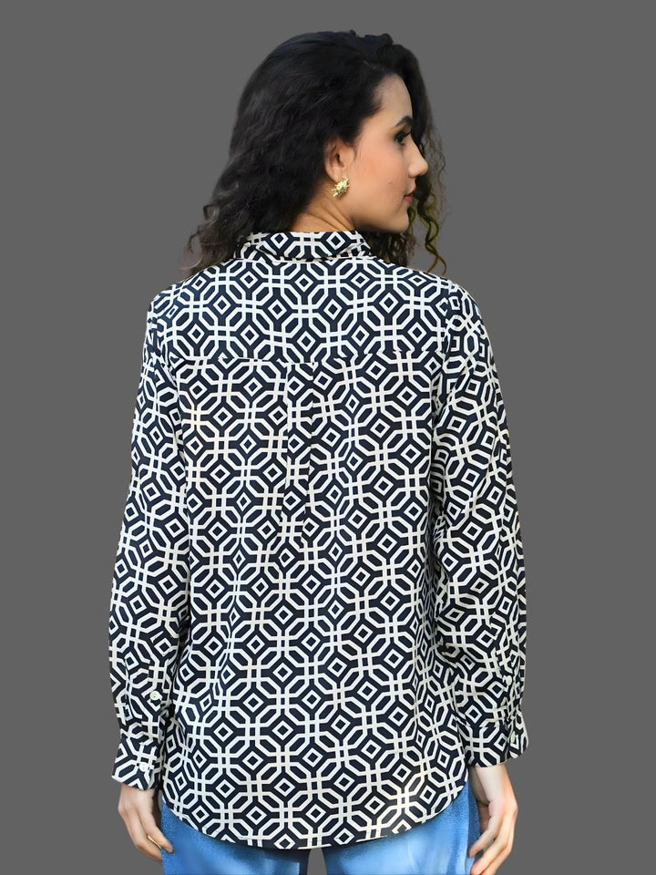 Avani Del Amour Top Monochrome Geometric Print Button-Down Shirt
