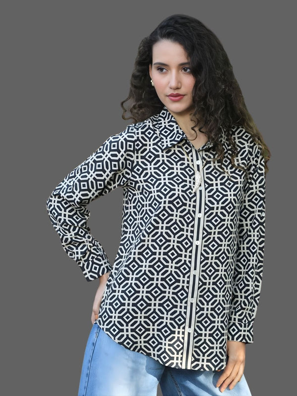 Avani Del Amour Top Monochrome Geometric Print Button-Down Shirt