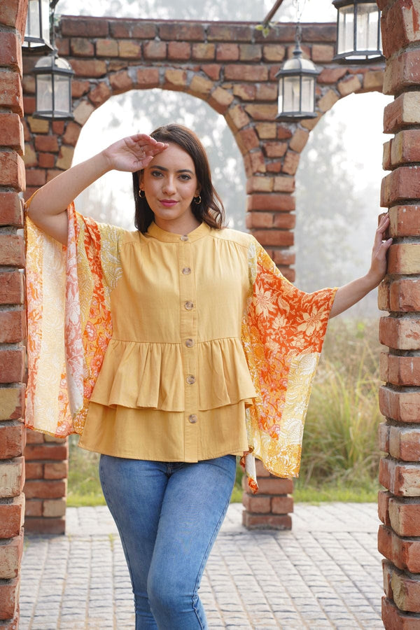 Avani Del Amour Top Mustard Yellow Tiered Cotton Top with Printed Flared Sleeves