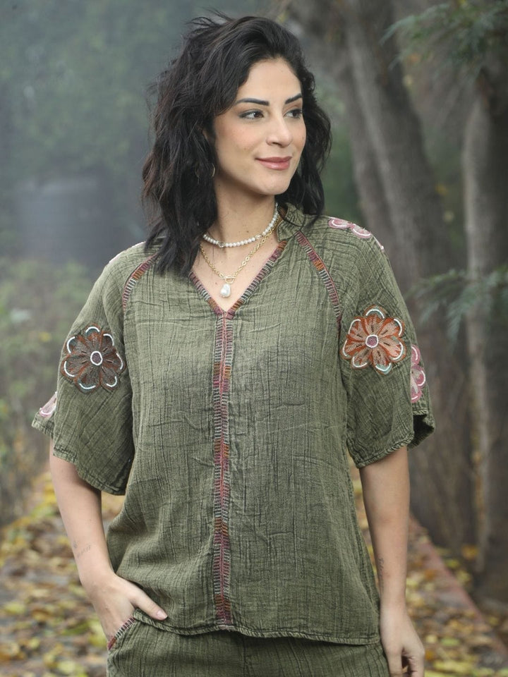 Avani Del Amour Top Olive Boho Embroidered Top with Floral Appliqué & V-Neck