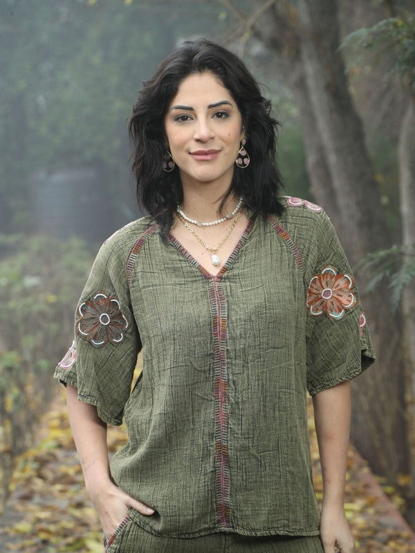 Avani Del Amour Top Olive Boho Embroidered Top with Floral Appliqué & V-Neck