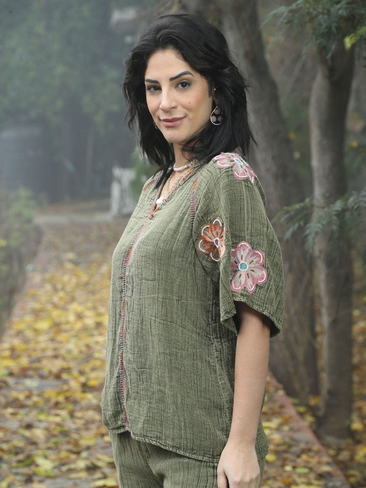 Avani Del Amour Top Olive Boho Embroidered Top with Floral Appliqué & V-Neck