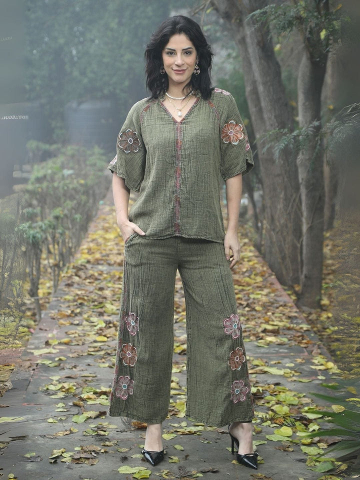 Avani Del Amour Top Olive Boho Embroidered Top with Floral Appliqué & V-Neck