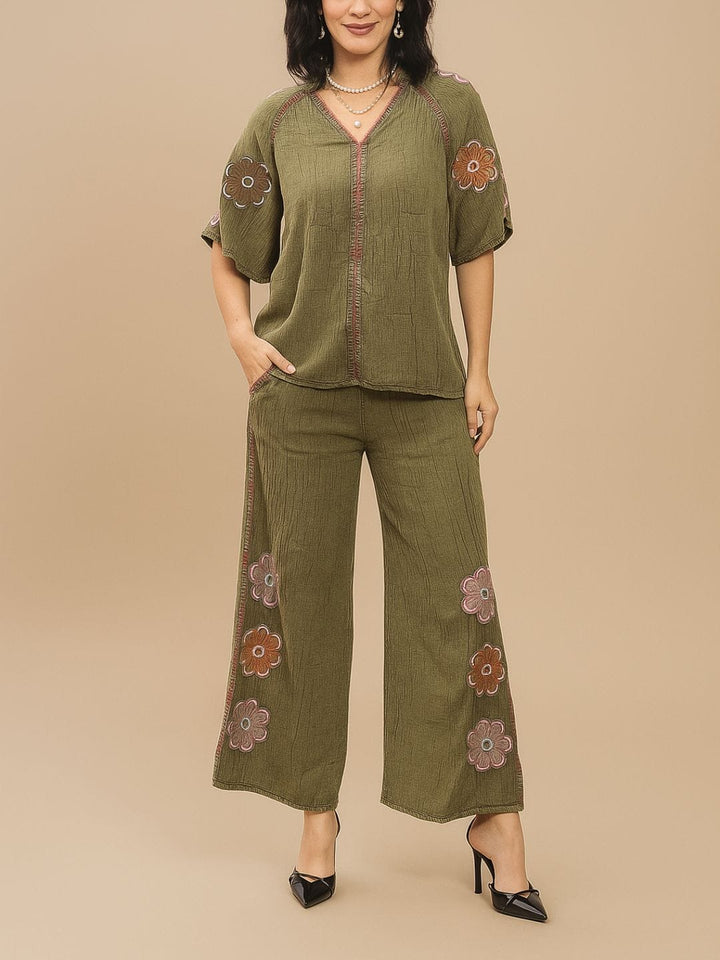 Avani Del Amour Top Olive Boho Embroidered Top with Floral Appliqué & V-Neck