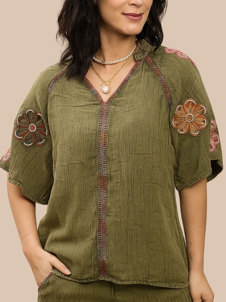 Avani Del Amour Top Olive Boho Embroidered Top with Floral Appliqué & V-Neck