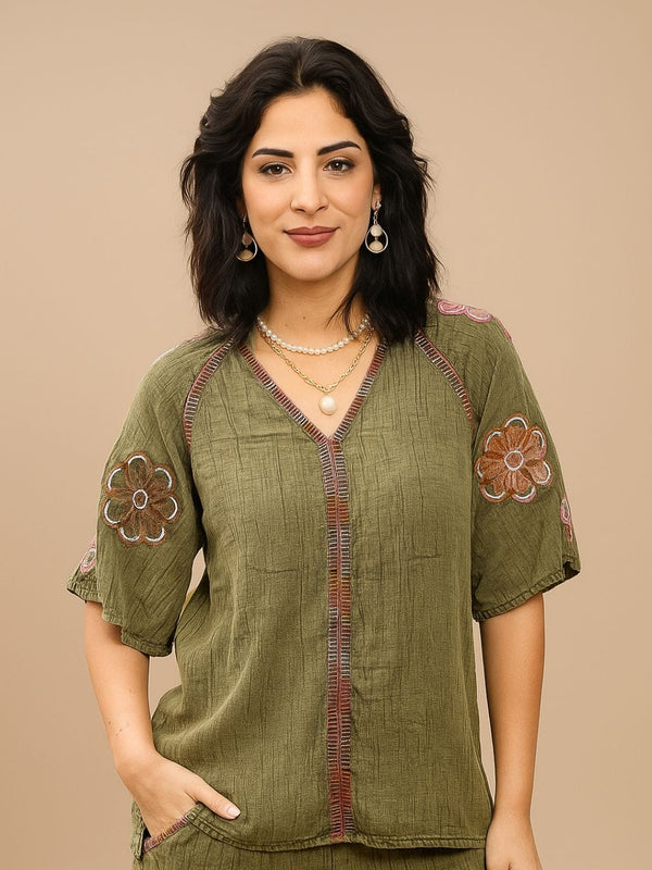Avani Del Amour Top Olive Boho Embroidered Top with Floral Appliqué & V-Neck