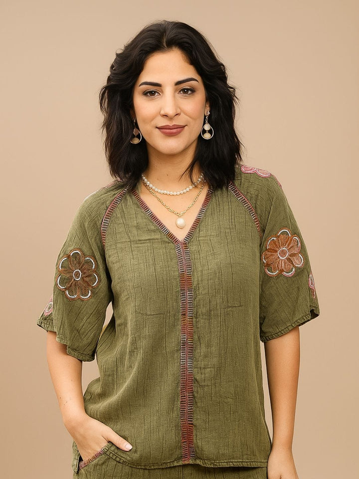 Avani Del Amour Top Olive Boho Embroidered Top with Floral Appliqué & V-Neck