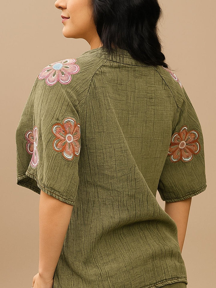 Avani Del Amour Top Olive Boho Embroidered Top with Floral Appliqué & V-Neck
