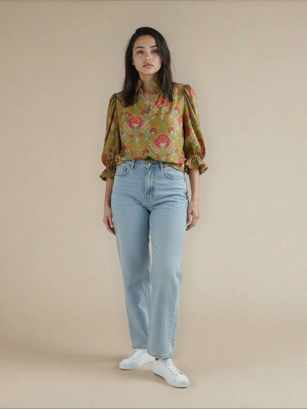 Avani Del Amour Top Olive Green Floral Print Blouse Top