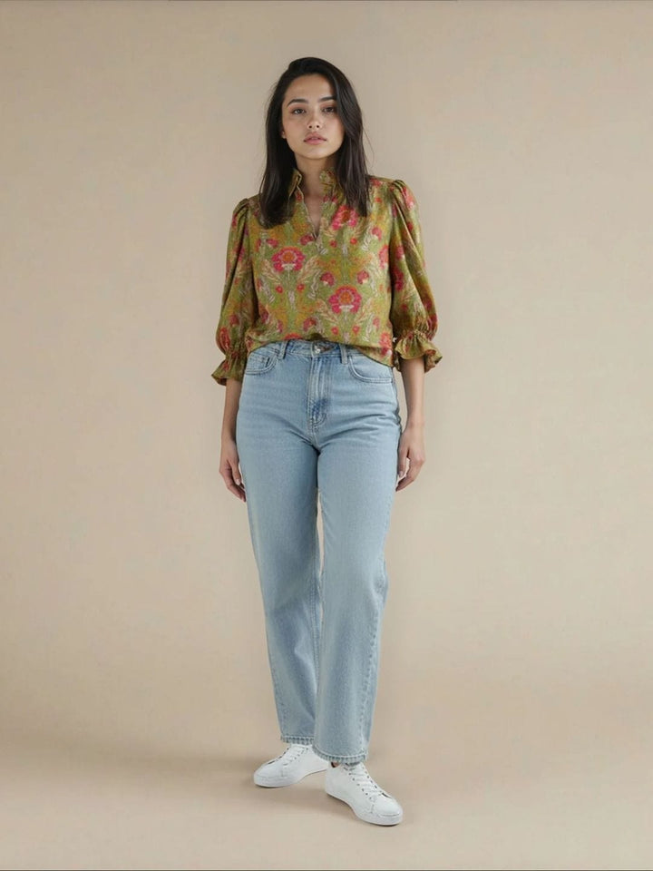 Avani Del Amour Top Olive Green Floral Print Blouse Top