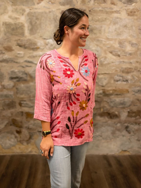 Avani Del Amour Top Pink Floral Embroidered Cotton Tunic