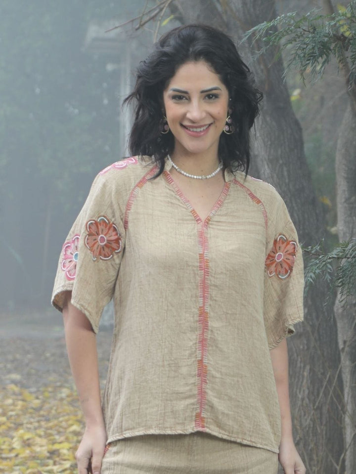 Avani Del Amour Top Sand  Boho Embroidered Top with Floral Appliqué & V-Neck
