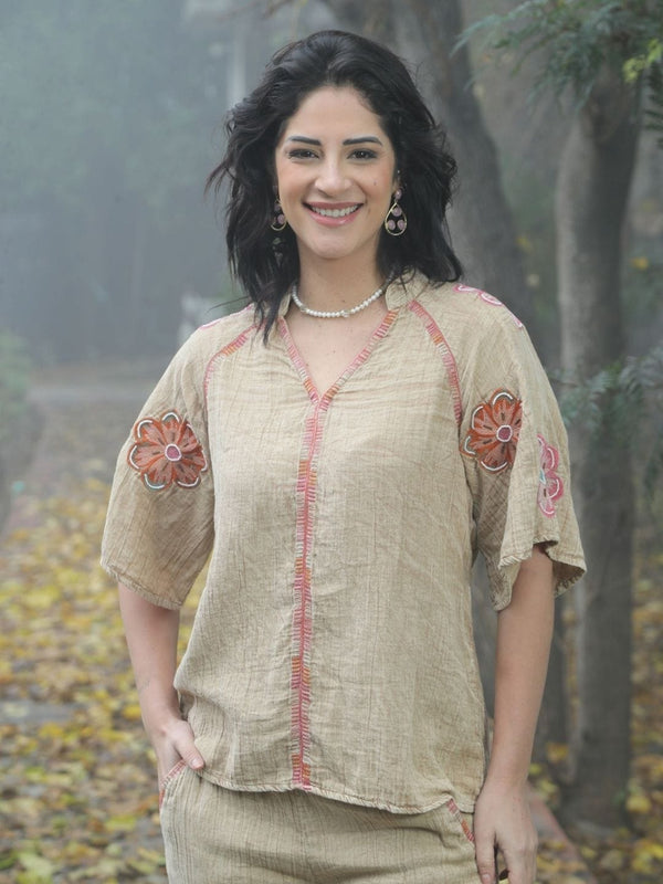 Avani Del Amour Top Sand  Boho Embroidered Top with Floral Appliqué & V-Neck