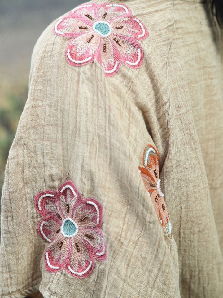 Avani Del Amour Top Sand  Boho Embroidered Top with Floral Appliqué & V-Neck