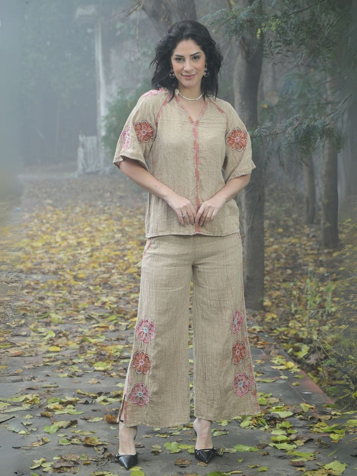 Avani Del Amour Top Sand  Boho Embroidered Top with Floral Appliqué & V-Neck