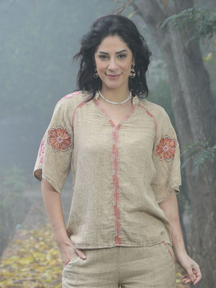 Avani Del Amour Top Sand  Boho Embroidered Top with Floral Appliqué & V-Neck