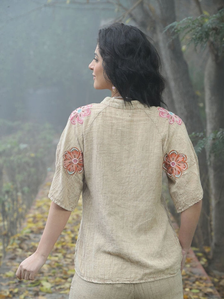 Avani Del Amour Top Sand  Boho Embroidered Top with Floral Appliqué & V-Neck