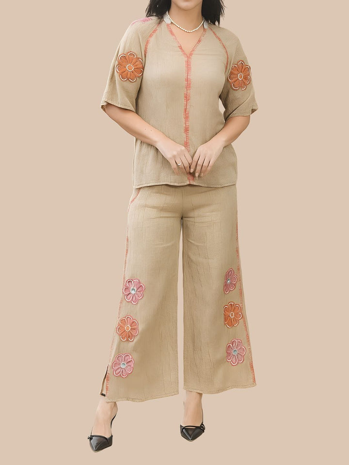 Avani Del Amour Top Sand  Boho Embroidered Top with Floral Appliqué & V-Neck