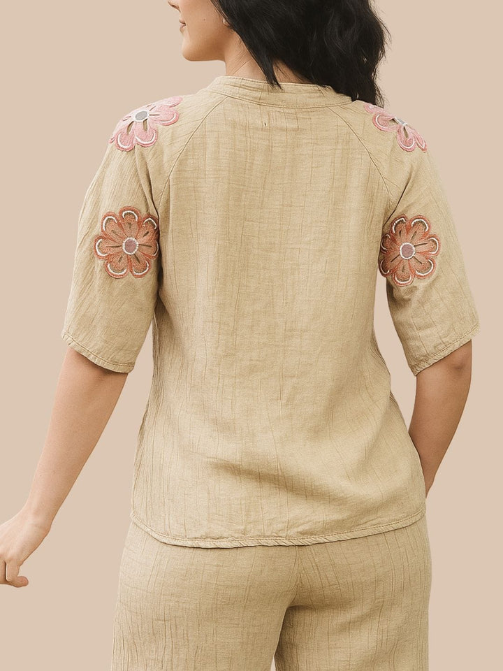 Avani Del Amour Top Sand  Boho Embroidered Top with Floral Appliqué & V-Neck