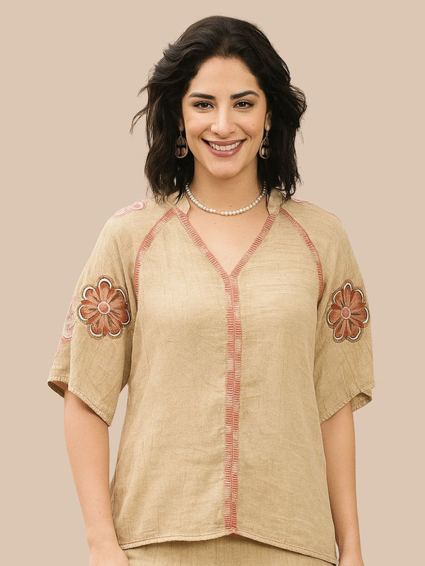 Avani Del Amour Top Sand  Boho Embroidered Top with Floral Appliqué & V-Neck