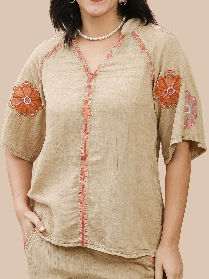 Avani Del Amour Top Sand  Boho Embroidered Top with Floral Appliqué & V-Neck