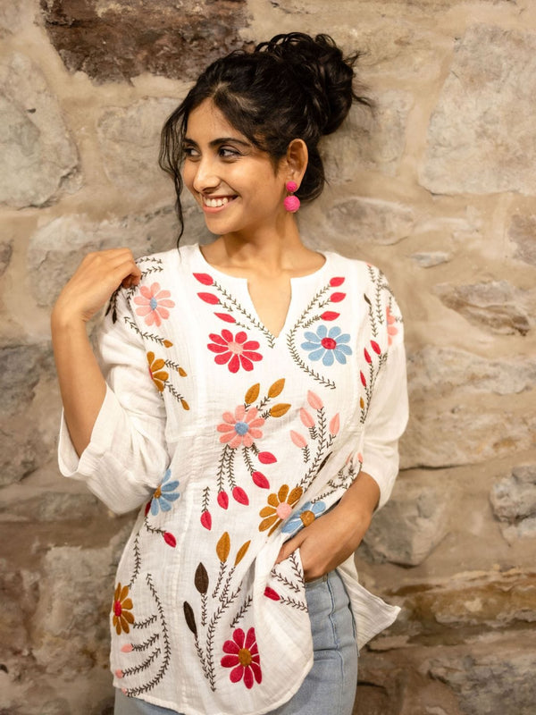 Avani Del Amour Top White Floral Embroidered Cotton Tunic