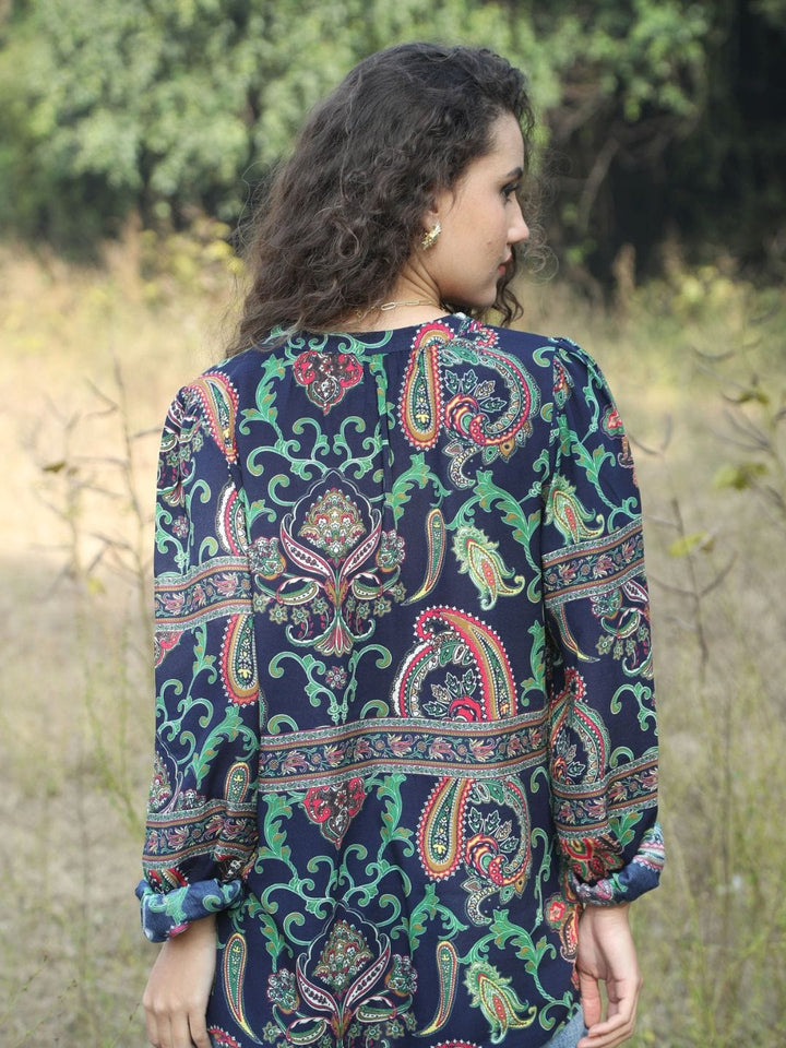 Avani Del Amour Tops Navy Blue Paisley Print Button-Up Top
