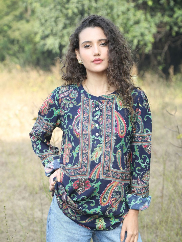 Avani Del Amour Tops Navy Blue Paisley Print Button-Up Top