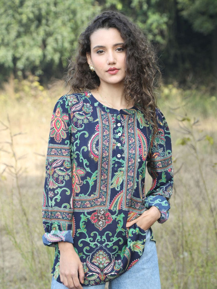 Avani Del Amour Tops Navy Blue Paisley Print Button-Up Top