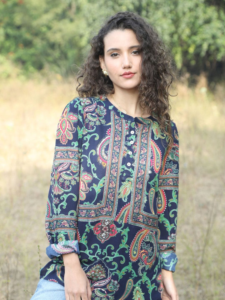 Avani Del Amour Tops Navy Blue Paisley Print Button-Up Top