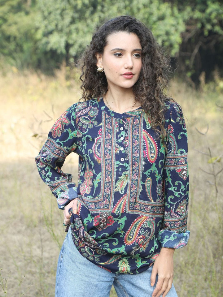 Avani Del Amour Tops Navy Blue Paisley Print Button-Up Top