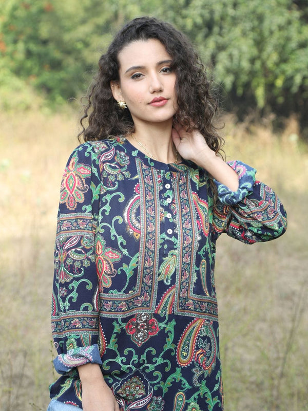 Avani Del Amour Tops Navy Blue Paisley Print Button-Up Top