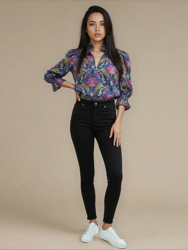 Avani Del Amour Tops Navy Floral Print Blouse Top