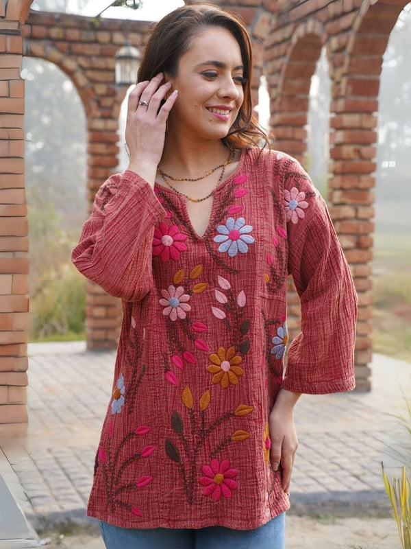 Avani Del Amour Tops Wine Floral Embroidered Cotton Tunic