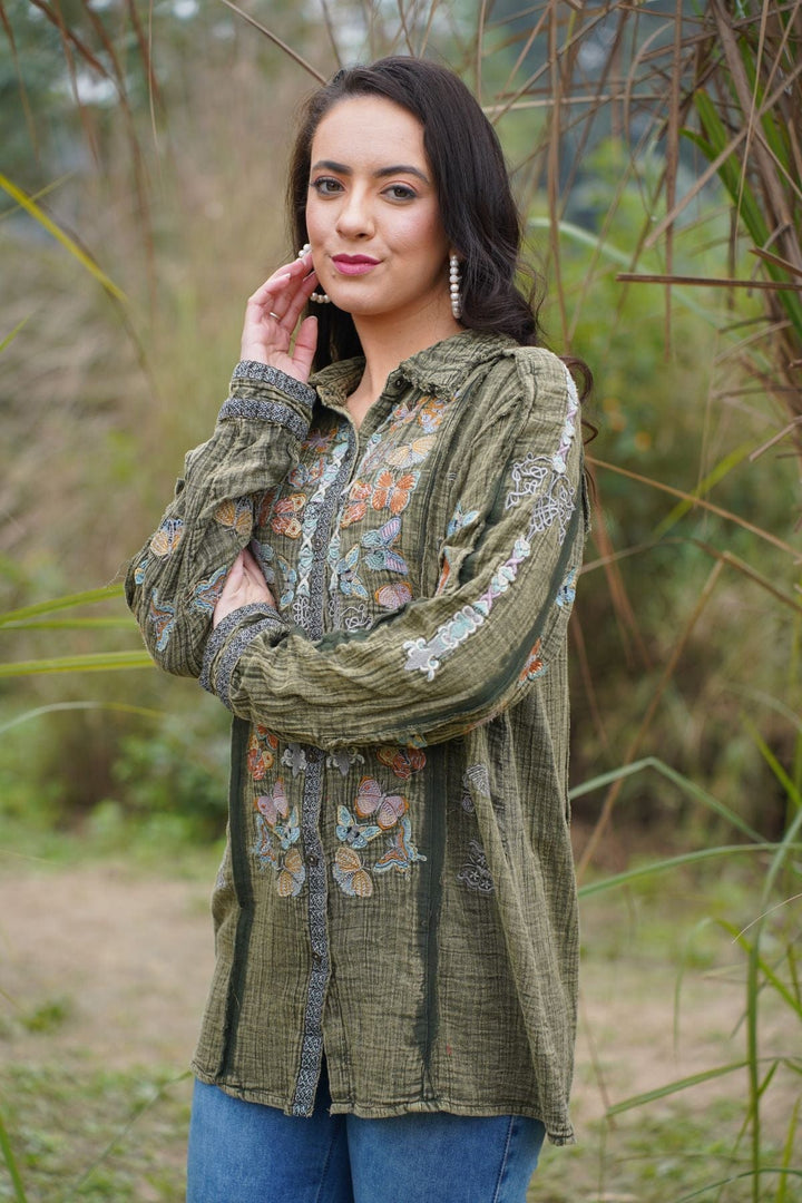 Avani Del Amour Tunic Olive Butterfly Embroidered Front-Open Tunic