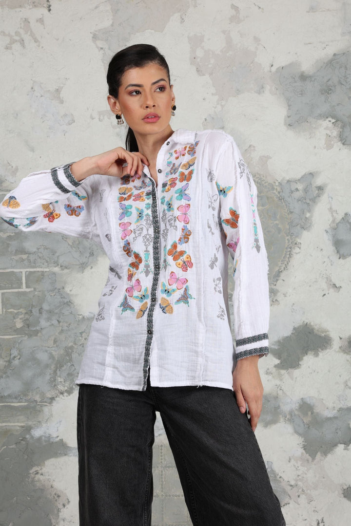 Avani Del Amour Tunic White Butterfly Embroidered Front-Open Tunic