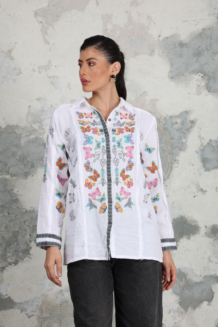 Avani Del Amour Tunic White Butterfly Embroidered Front-Open Tunic